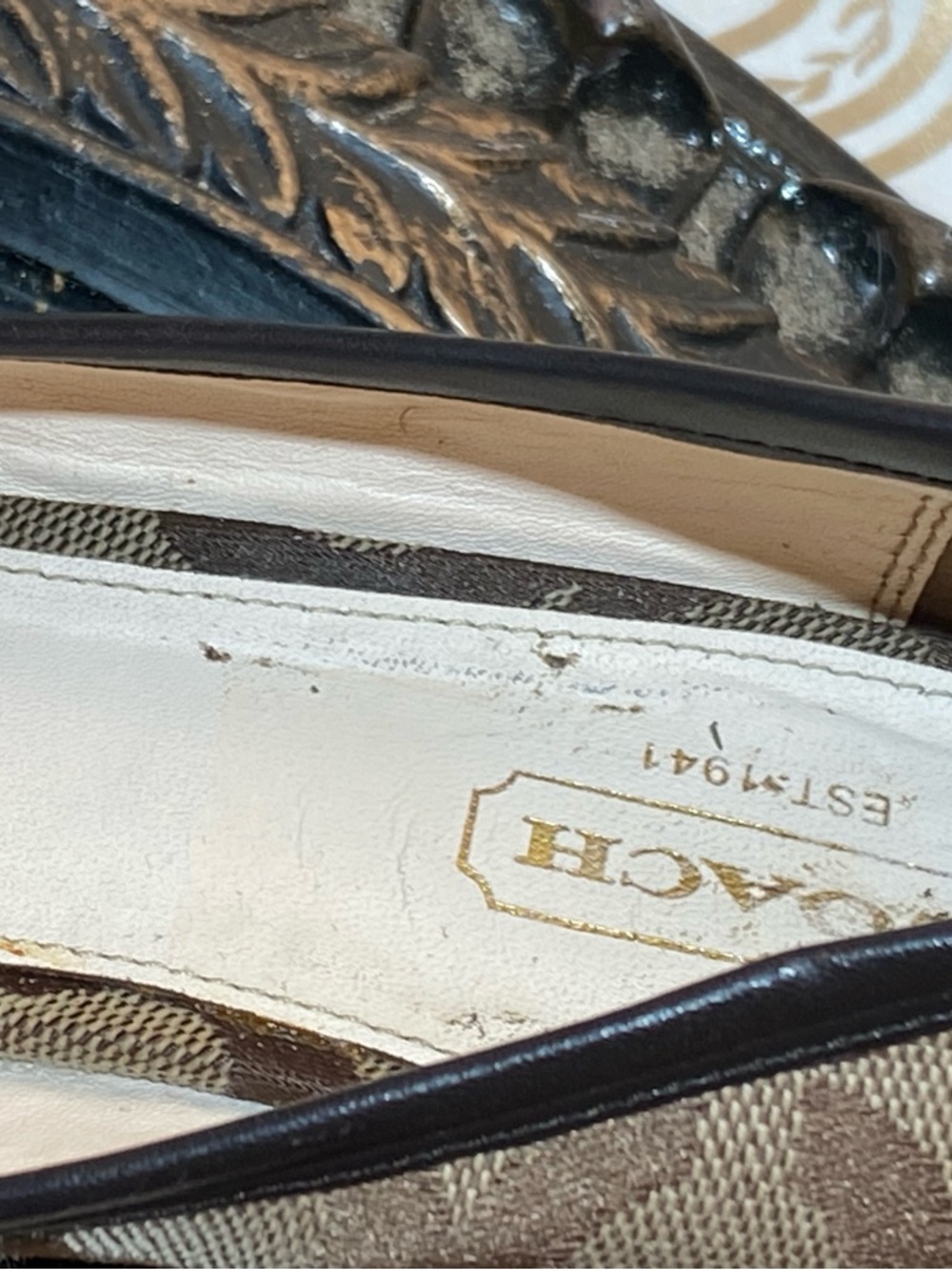 Coach Brown Signature Canvas Peep-Toe Heels with Gold Hardware - Picture 3 of 13